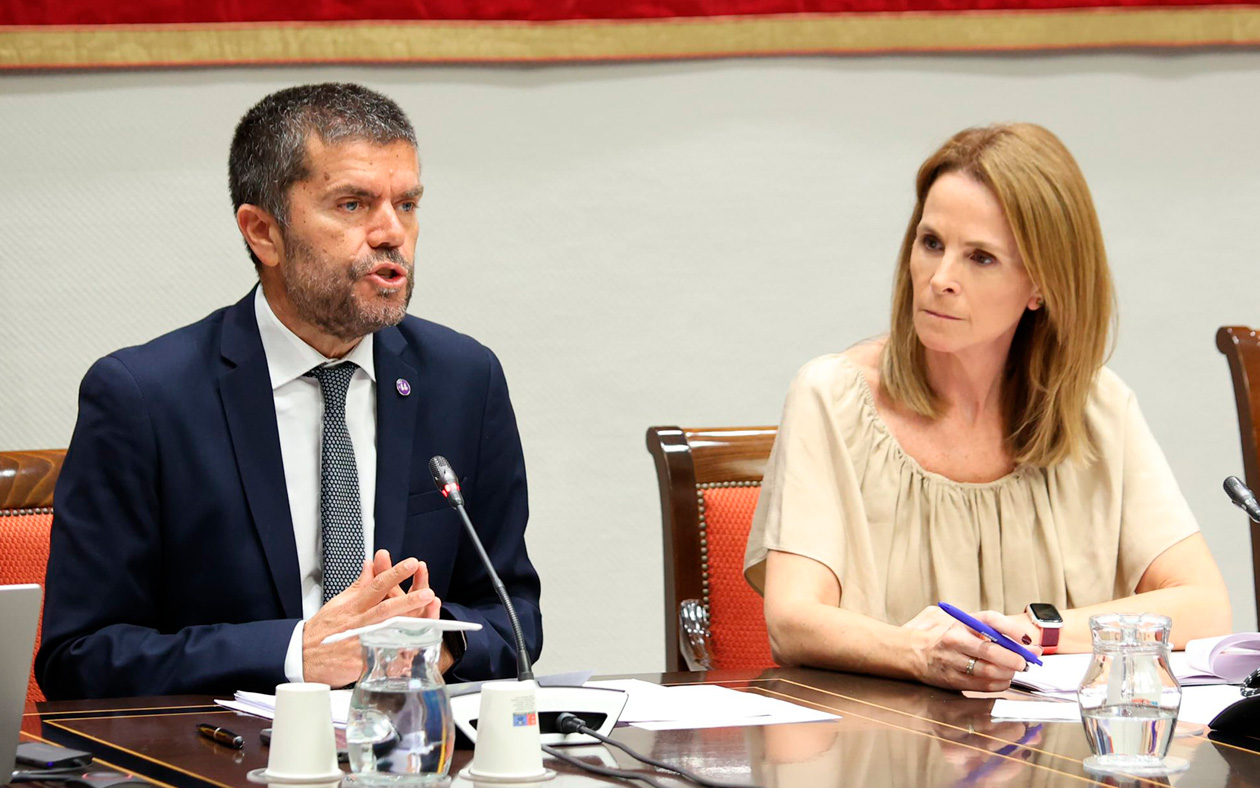 El rector Francisco García durante su intervención en sede parlamentaria, junto a Luz Reverón, diputada integrante de la mesa de la comisión estudio sobre la revisión del REF de Canarias.Foto: Parlamento de Canarias.